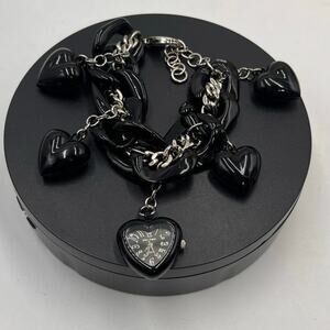 Betsey Johnson Vintage Black Puffy 3D Heart Watch Chain Bracelet BJ7016